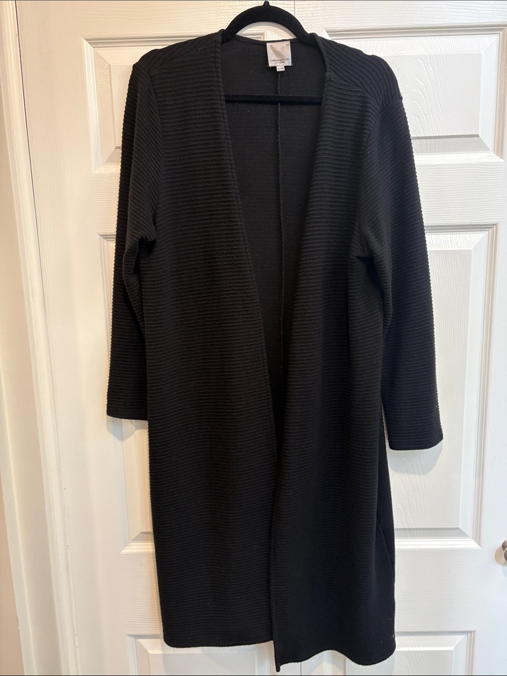 Carmine de Young Women’s Long Open-Front Ribbed Cardigan - Black